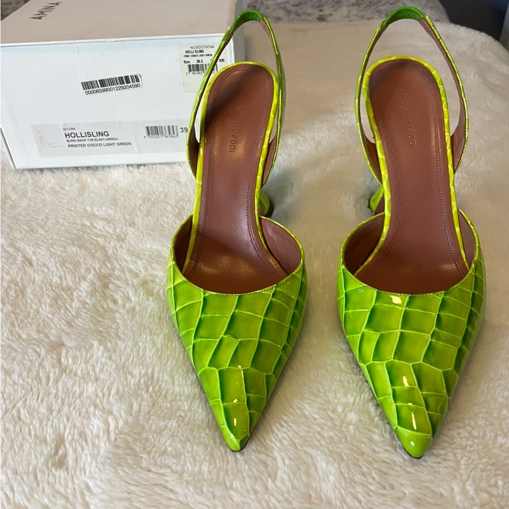 Amina Muaddi Neon Green Holli Croc-Embossed Heels